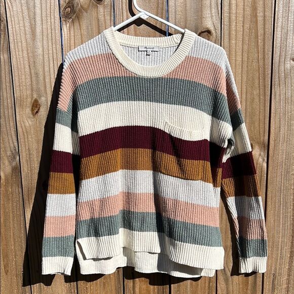 Madewell Sweaters - Madewell Women’s Long Sleeve Stripped Cream Grey Pink Sweater Pocket XS